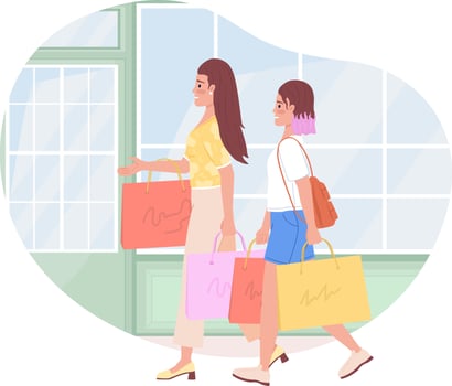 Go shopping 2D vector isolated illustration. Modern mom and daughter purchasing clothes together flat characters on cartoon background. Colorful editable scene for mobile, website, presentation