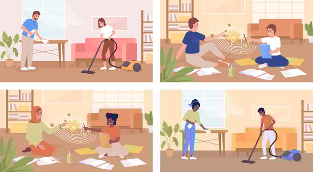 Connecting with teens through chores and homework flat color vector illustration set. Studying together. Housework. Fully editable 2D simple cartoon characters pack with living room on background