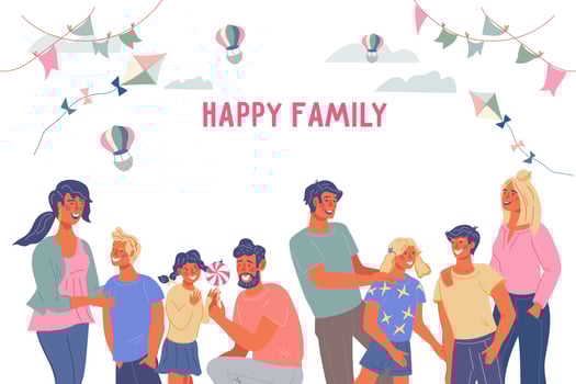 AdoHappy family web banner template with group of parents and children, flat vector illustration. Banner or poster for family day and entertainment for adults and children.be Illustrator Artwork