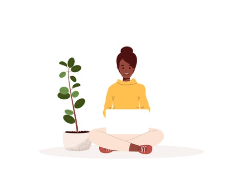 African American woman sitting cross-legged with a laptop working, studying or freelancing. Virtual office work concept.Vector illustration in flat style isolated on white background vector
