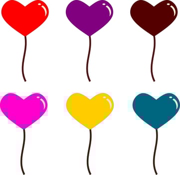 balloons set. Romantic surprise gift shape heart ballon. Pink blue red purple green and groups glossy balloons. Valentines day party design cartoon flat collection. Isolated vector illustration