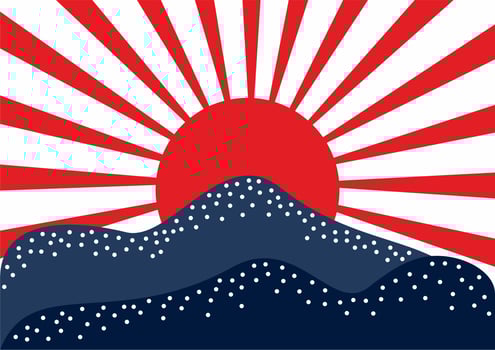 Japanese style vector background design with mountain and sky. Sun. Landscape. Blue, red, white colors.