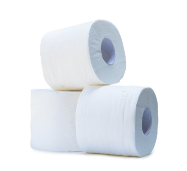 three rolls of white tissue paper or napkin in stack prepared for use in toilet or restroom isolated with clipping path and shadow in png file format