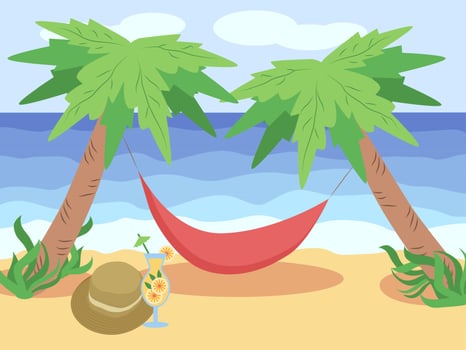Beach chaise longue under palm tree. Summer vacation in tropics. vector