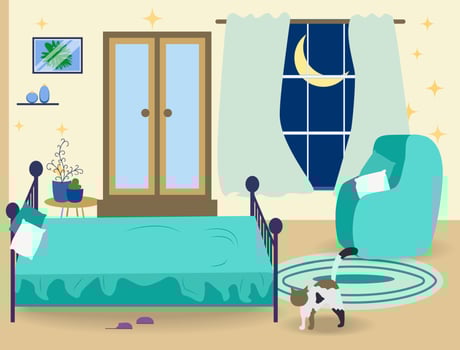 Bedroom with furniture and window. Wardrobe with clothes and mirror. Flat style illustration. vector
