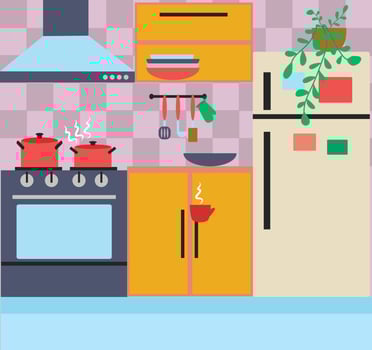 Kitchen with furniture. Cozy kitchen interior with table, stove, cupboard, dishes and fridge vector