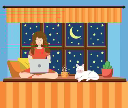 A woman works at a laptop while sitting on the windowsill at home. Freelance concept, quarantine due to covid-19. vector