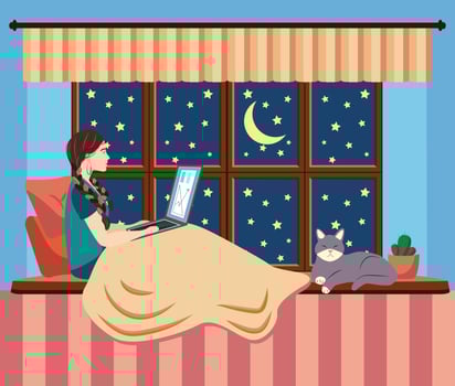 A woman works at a laptop while sitting on the windowsill at home. Freelance concept, quarantine due to covid-19. vector