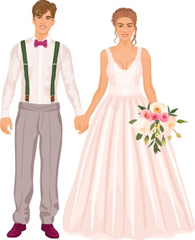 Bride and groom holding hands, being happy. Young man and woman in fashionable wedding costumes. vector