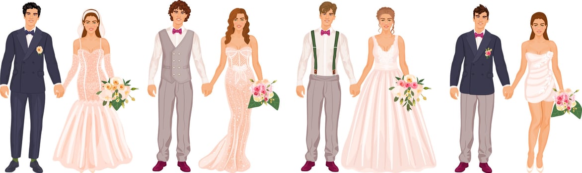 Wedding couples set, various dress styles, suits and accessories. Men and women holding hands, wedding ceremony day. Brides and grooms collection, isolated on a white background. vector