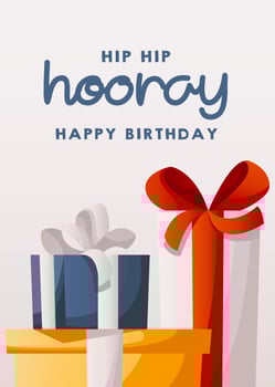 Birthday white card with gift boxes, handwritten lettering. Birthday party, celebration, holiday, event, festive, congratulations. Banner, flyer, postcard, cover template. vector