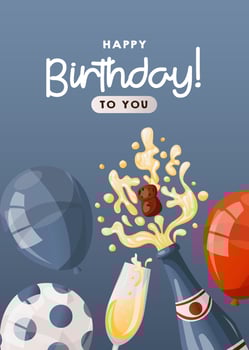 Birthday blue card with champagne, glass, balloon, handwritten lettering.Birthday party, celebration, holiday, event, festive, congratulations. Banner, flyer, postcard, cover template. vector