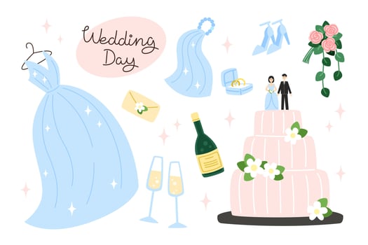 Set of elements for the wedding day, flat style illustration vector