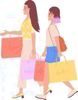 Modern mom and daughter shopping clothes together semi flat color vector characters. Editable figures. Full body people on white. Simple cartoon style illustration for web graphic design and animation