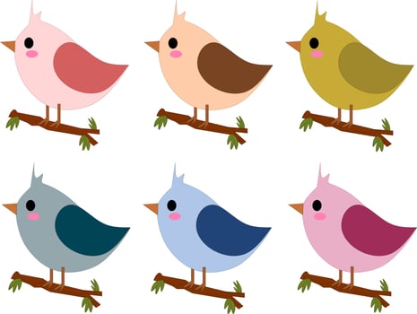 Cute pink green blue red Bird cartoon on tree branch vector