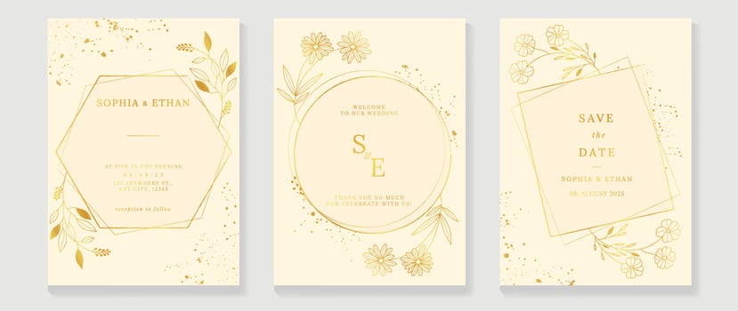 Luxury wedding invitation card background vector. Golden geometric frame with elegant botanical flower gold line art and ink splatter. Design illustration for wedding and vip cover template, banner. vector
