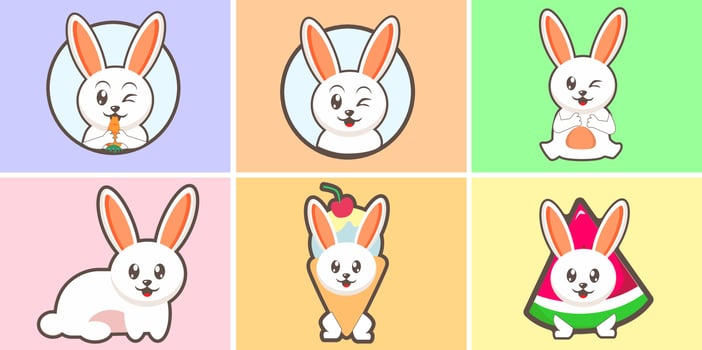 Easter cute happy bunny rabbit vector characters set. Easter bunny or rabbit, cute cartoon spring character illustration