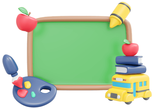 3D Rendering back to school blackboard template cartoon style. 3D Render illustration. png