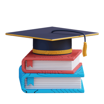 3D illustration pile of books and graduation cap png
