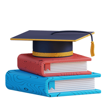 3D illustration pile of books and graduation cap png