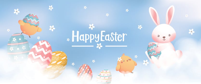 Happy Easter card, banner, background with bunny, chick and eggs in the clouds, pastel colors vector