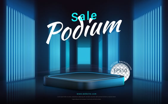 Podium with blue neon light background. Vector illustration