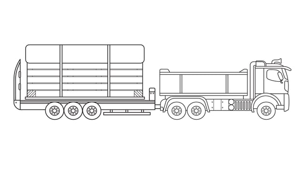 Hand drawn Vector illustration color children construction semi trailer truck with large wooden shipping crate clipart
