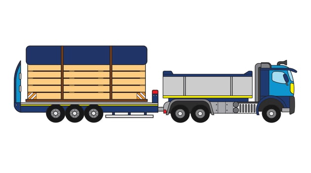 Vector illustration color children construction semi trailer truck with large wooden shipping crate clipart
