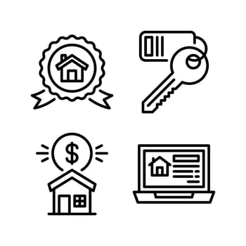 Real Estate icons set. Badge, Key, Sell home, Laptop. Perfect for website mobile app, app icons, presentation, illustration and any other projects vector