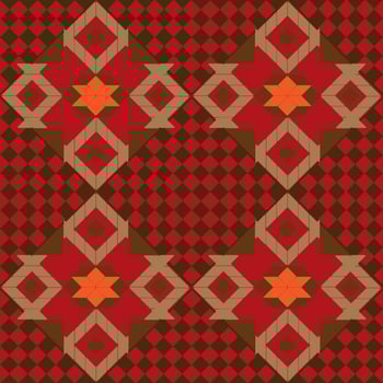 Seamless fabric geometric pattern in brown on a red background. vector