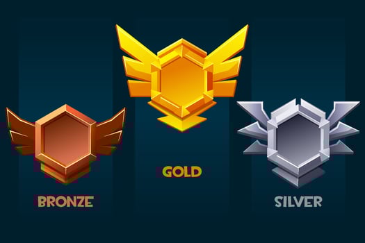 Set of game rank icons isolated. Vector bronze, silver and gold game badges buttons. Game Badges