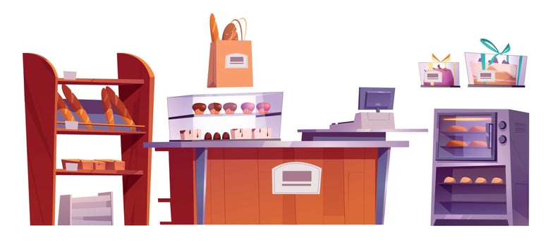 Cartoon set of bakery shop interior elements vector