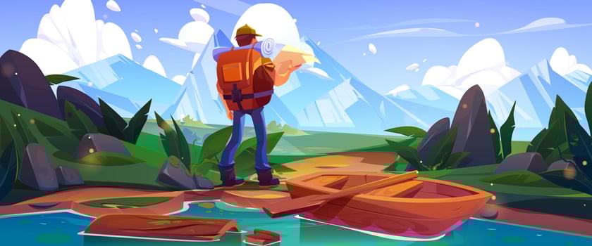 Male tourist hiking in mountains with map vector
