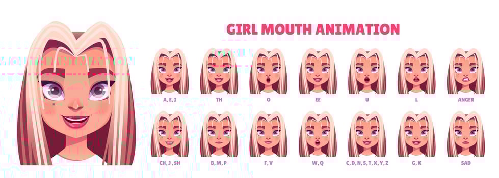 Blonde teen girl mouth animation on white vector