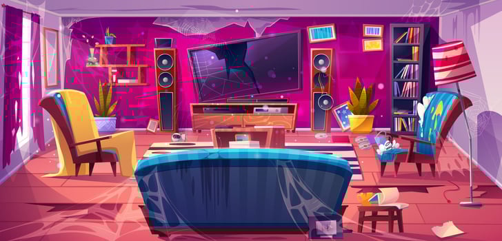 Old dirty living room with broken tv and furniture vector