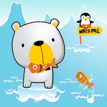 Cute polar bear with little penguin catch fish, north pole life, vector cartoon illustration