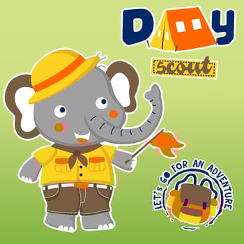 Cute elephant in scout uniform with camping elements, vector cartoon illustration