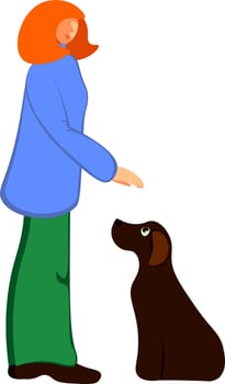 Young woman petting a dog. Vector drawing.