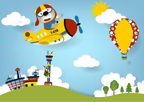 Funny bear on airplane with hot air balloon on airport scenery background, vector cartoon illustration
