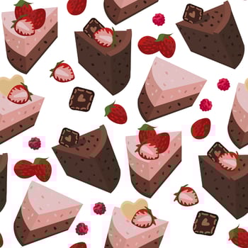 A set of pieces of chocolate and strawberry cake. Dessert with decorative elements of strawberries. Background for printing on textiles and paper. Seamless gift wrapping for the birthday party vector