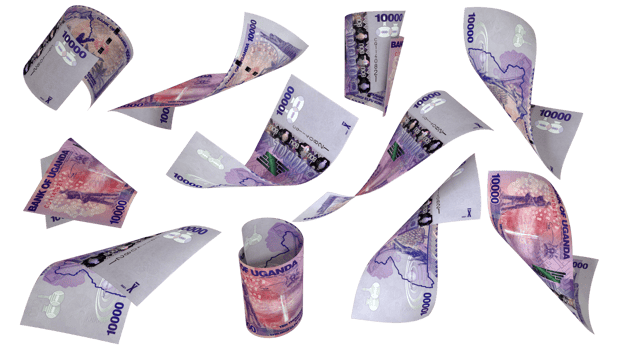 3D rendering of 10000 Ugandan shilling notes flying in different angles and orientations png