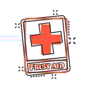 First aid sign icon in comic style. Health, help and medical vector cartoon illustration on white isolated background. Hospital business concept splash effect.