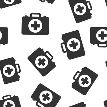 First aid kit icon seamless pattern background. Health, help and medical diagnostics vector illustration on white isolated background. Doctor bag business concept.