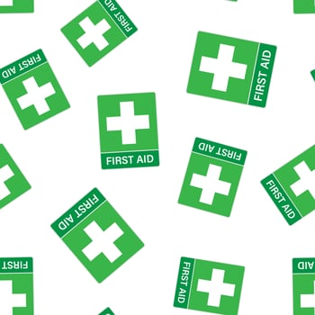 First aid sign icon seamless pattern background. Health, help and medical vector illustration on white isolated background. Hospital business concept.