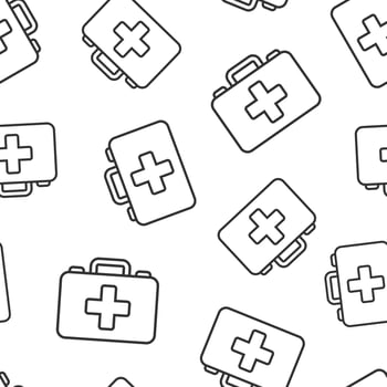 First aid kit icon seamless pattern background. Health, help and medical diagnostics vector illustration on white isolated background. Doctor bag business concept.