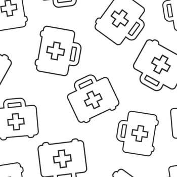 First aid kit icon seamless pattern background. Health, help and medical diagnostics vector illustration on white isolated background. Doctor bag business concept.
