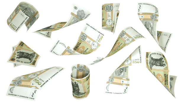 3D rendering of Moldovan leu notes flying in different angles and orientations isolated on transparent background png
