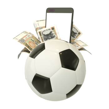 3d rendering of Moldovan leu notes and phone behind soccer ball. Sports betting, soccer betting concept isolated on transparent background. mockup png