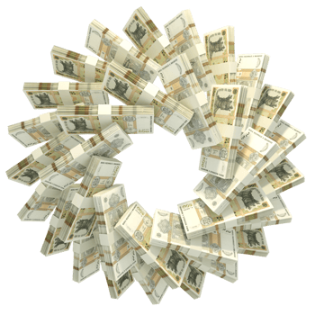 3d rendering of stacks of Moldovan leu arranged in a circular pattern. png