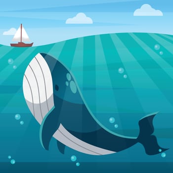 Underwater landscape, whale in undersea, vector ocean deep background. Cartoon character vector illustration of whale in ocean bottom or sea landscape